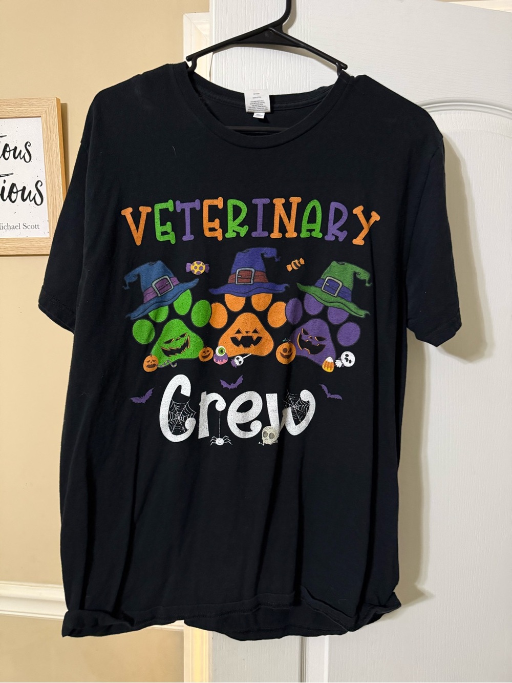 Veterinary Crew Halloween Paw Print T-Shirt - Black with Orange, Green & Purple